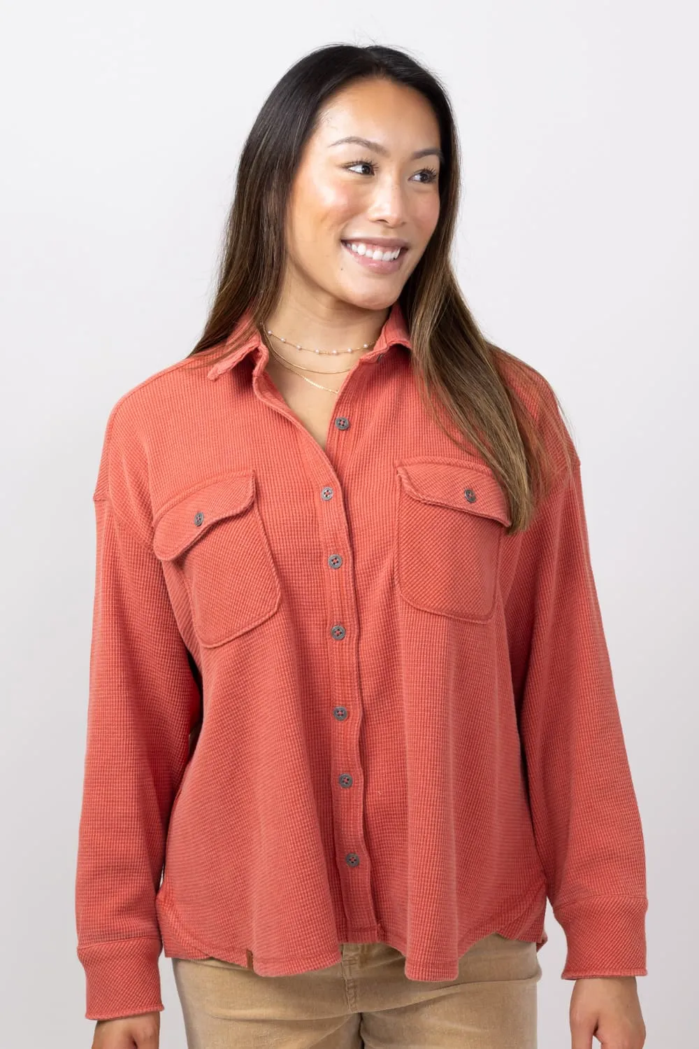 Simply Southern Waffle Knit Shacket for Women in Rust | PP-0224-SHKT-WAFFLE-RUST sold by Glik’s