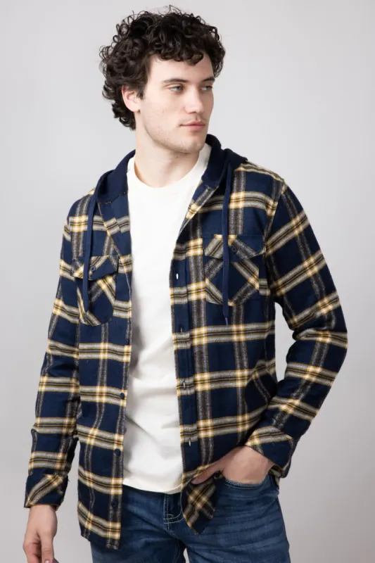 Hooded Plaid Flannel Shirt for Men in Navy | TQ8299GL-NAVY sold by Glik’s