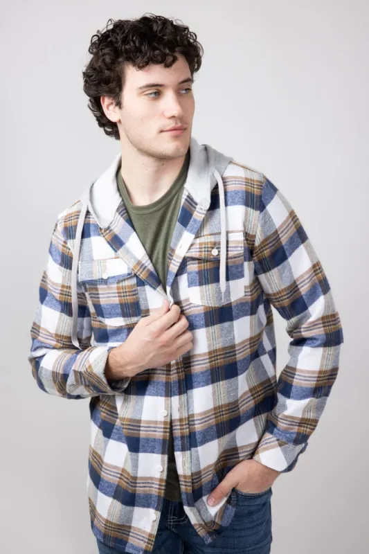 Hooded Plaid Flannel Shirt for Men in Ecru | TQ8299GL-ECRU sold by Glik’s