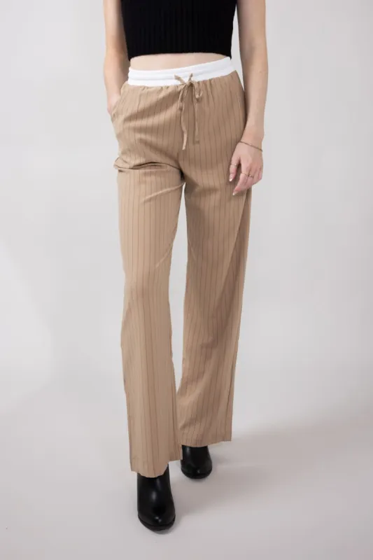 Love Tree Stripe Drawstring Trouser Pants for Women in Khaki | 6964PN-KHAKI sold by Glik’s