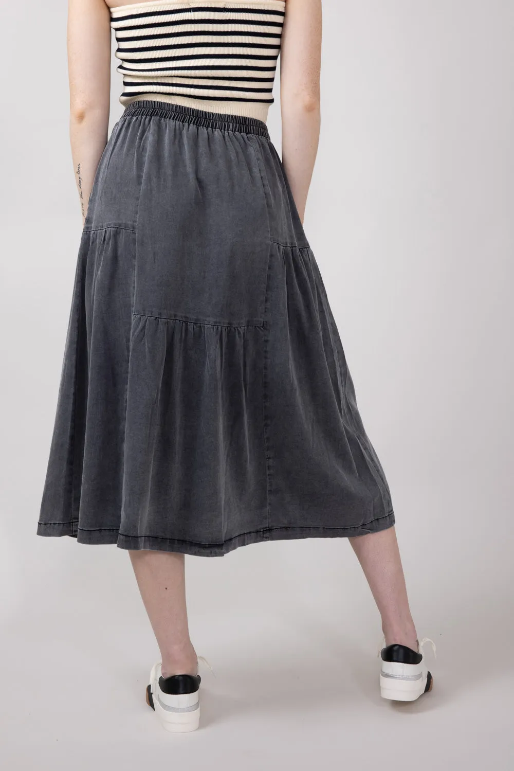 Denim Tiered Midi Skirt for Women in Black | FS3401-BLACK sold by Glik’s product image thumbnail 3