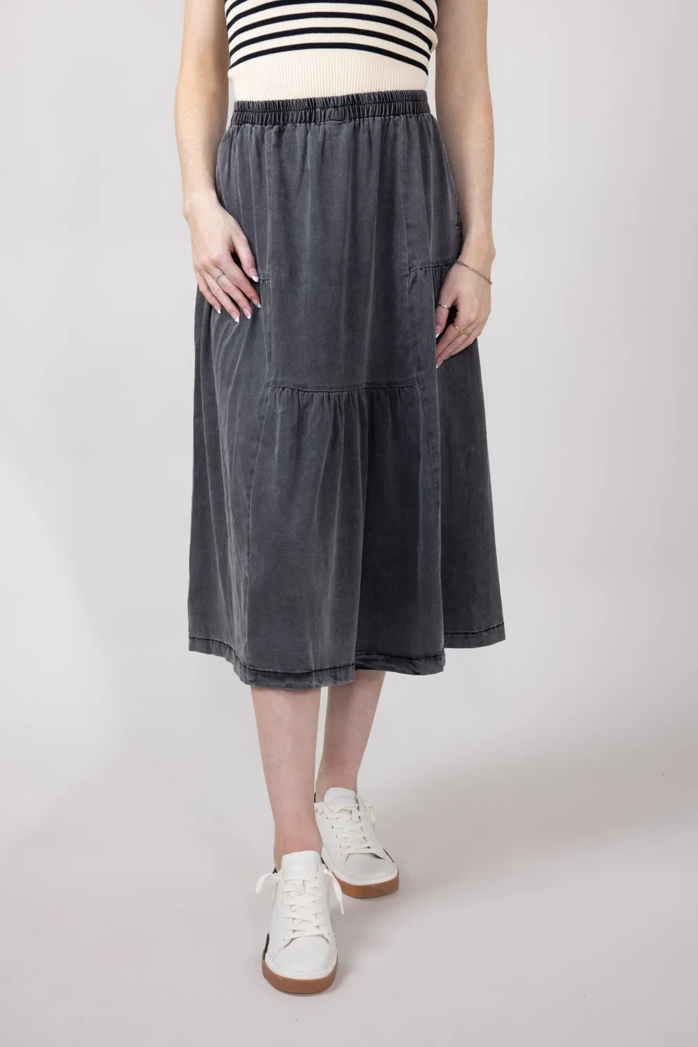 Denim Tiered Midi Skirt for Women in Black | FS3401-BLACK sold by Glik’s