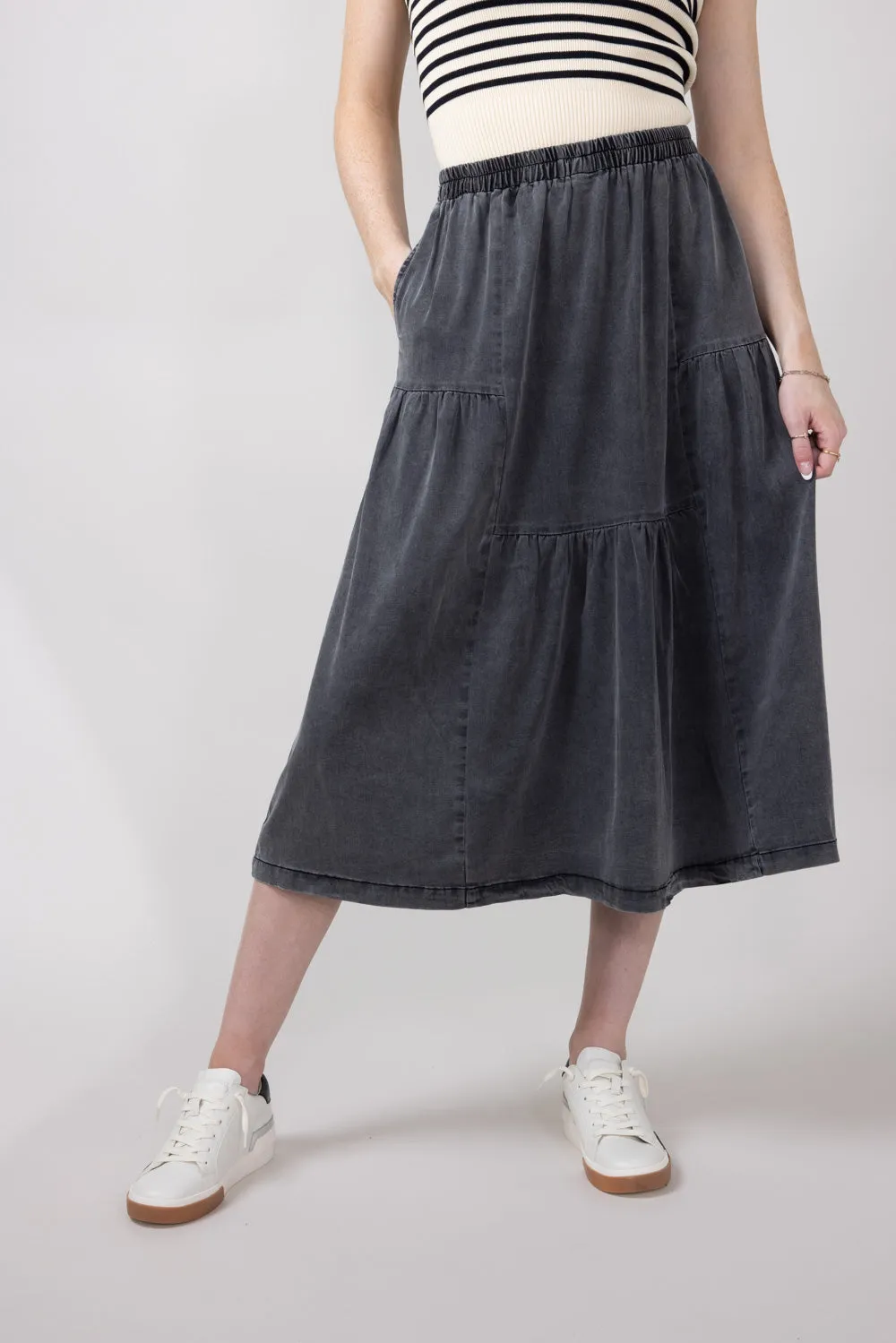 Denim Tiered Midi Skirt for Women in Black | FS3401-BLACK sold by Glik’s product image thumbnail 4