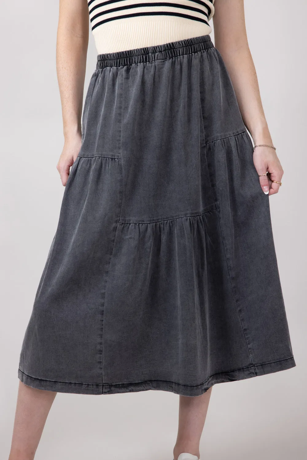 Denim Tiered Midi Skirt for Women in Black | FS3401-BLACK sold by Glik’s product image thumbnail 5
