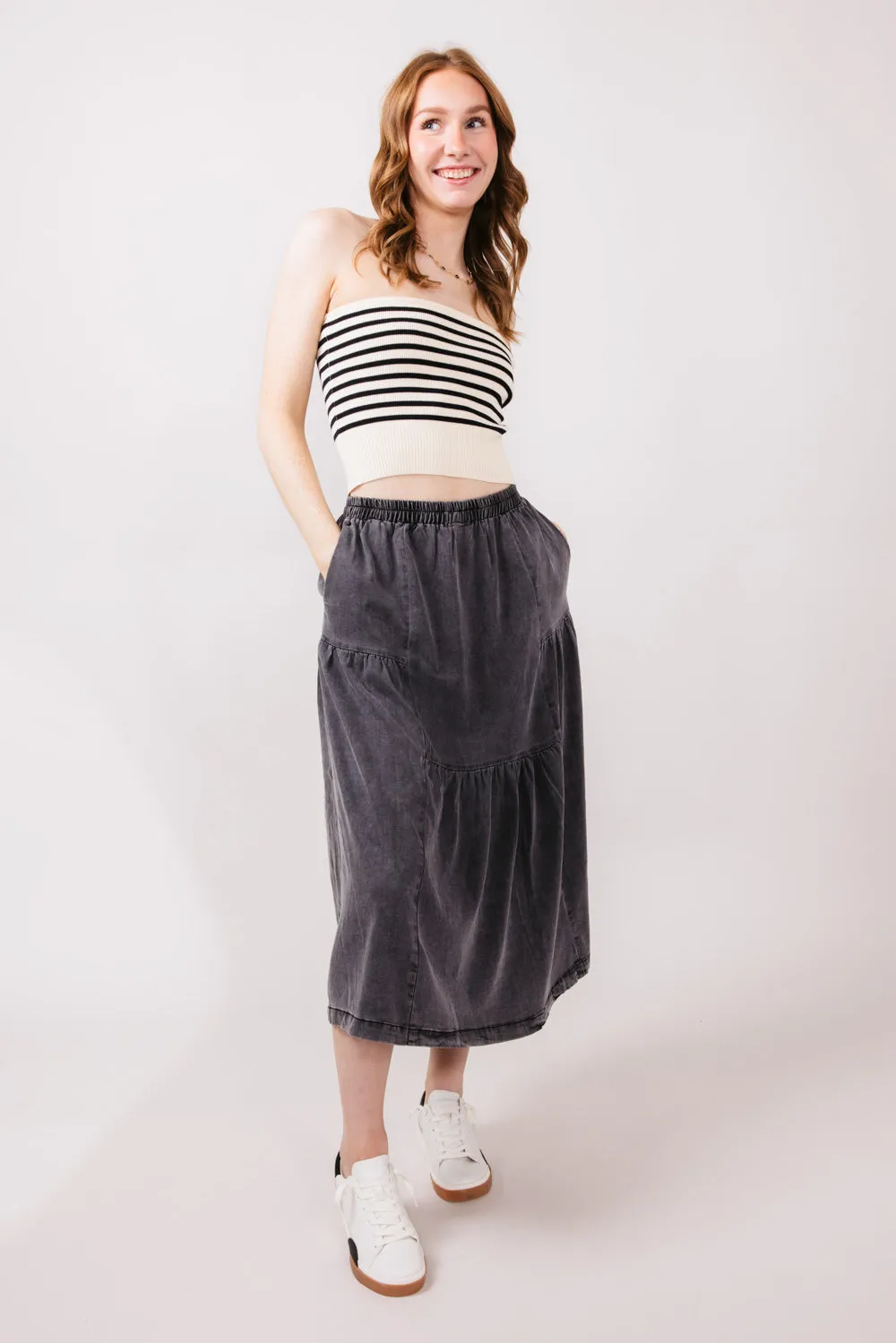 Denim Tiered Midi Skirt for Women in Black | FS3401-BLACK sold by Glik’s product image thumbnail 2