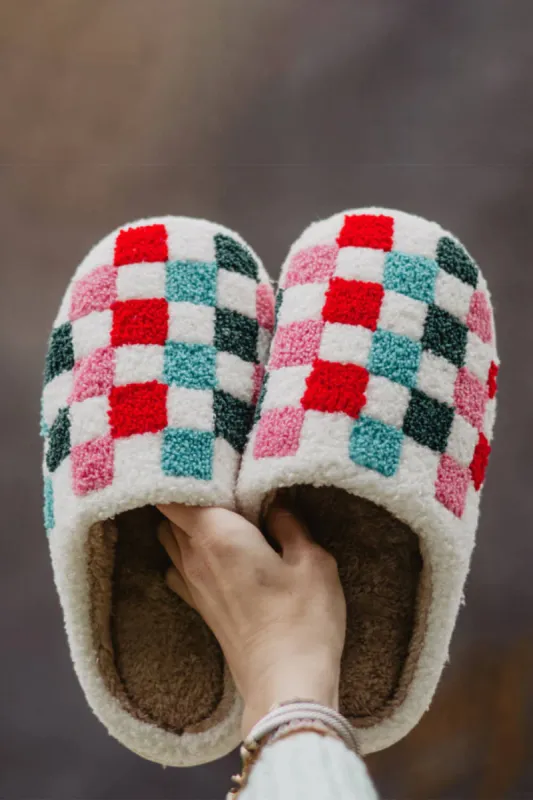 Christmas Multi Colored Checker Slippers for Women in White | KDC-SLPR-159-WHT sold by Glik’s