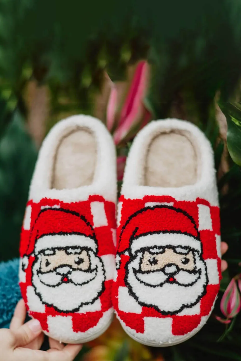 Christmas Checkered Santa Slippers for Women in White | KDC-SLPR-157-WHT sold by Glik’s