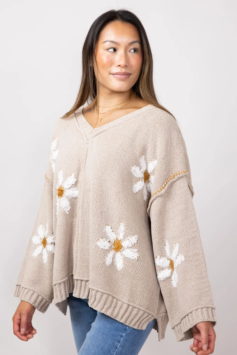 Miracle V Neck White Floral Sweater for Women in Taupe | 7418-TAUPE sold by Glik’s product image thumbnail 4