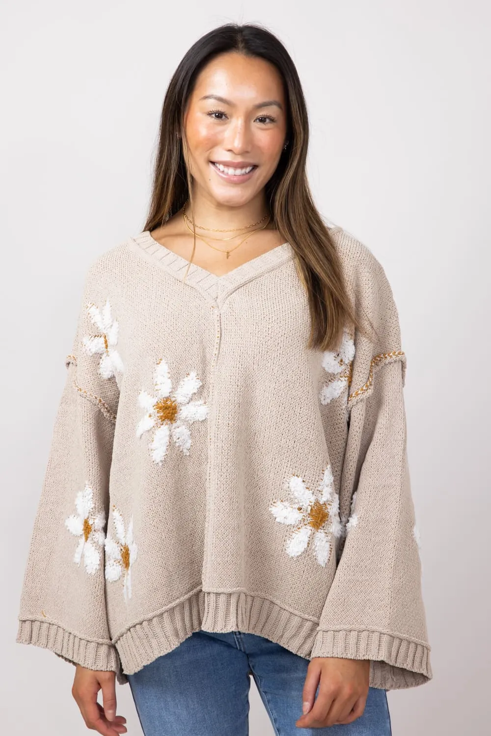 Miracle V Neck White Floral Sweater for Women in Taupe | 7418-TAUPE sold by Glik’s