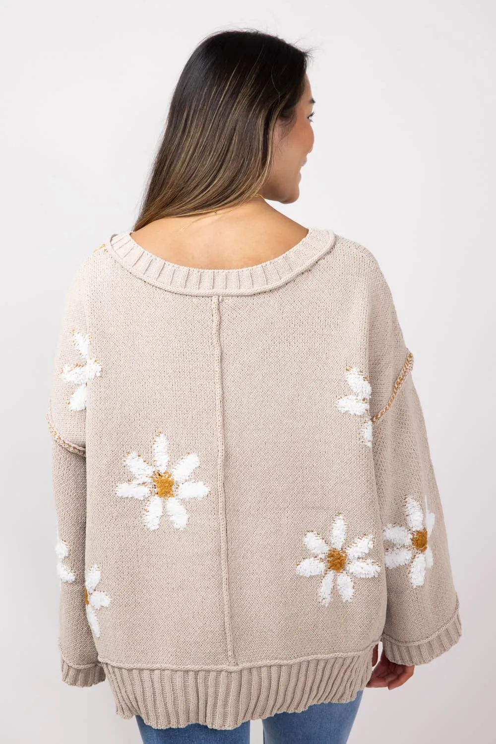 Miracle V Neck White Floral Sweater for Women in Taupe | 7418-TAUPE sold by Glik’s product image thumbnail 2