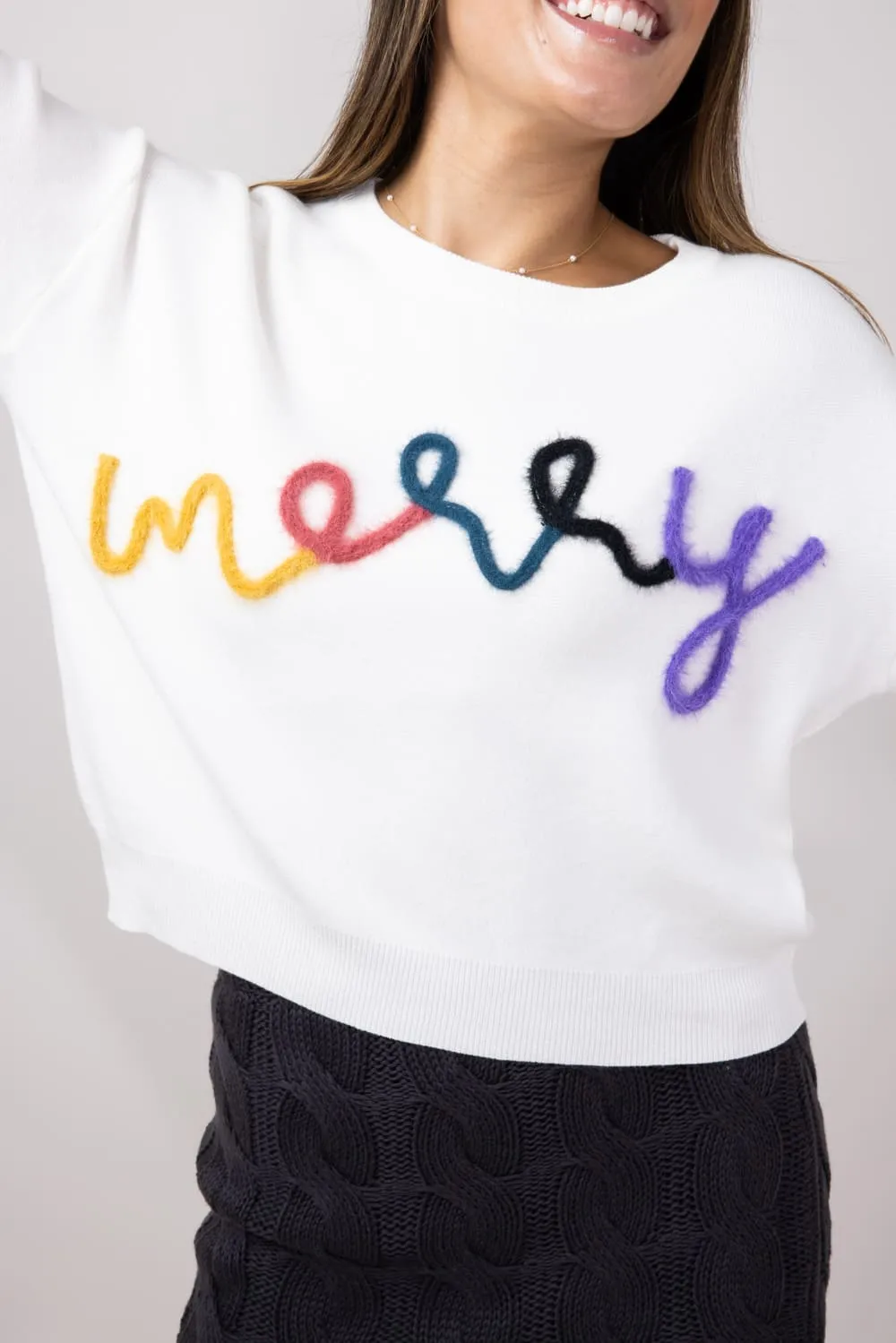 Fuzzy Merry Christmas Holiday Sweater for Women in Ivory | 18014-IVORY sold by Glik’s product image thumbnail 3