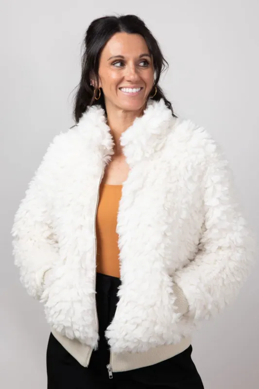Elan Sherpa Bomber Jacket for Women in Vanilla | JK8196-VAN sold by Glik’s