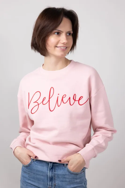 1897 Active Believe Embroidered Fleece Sweatshirt for Women in Pink | GT033-BELIEVE-PINK sold by Glik’s