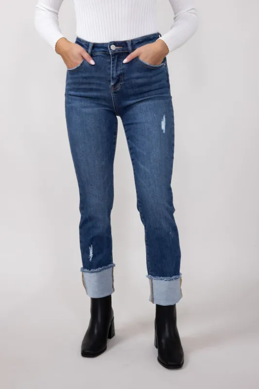 Risen High Rise Cropped Cuffed Straight Leg Jeans for Women | RDP1282CH-DK sold by Glik’s
