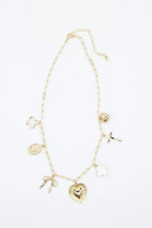 7 Charm Necklace in Gold | NNA218GDWHT sold by Glik’s