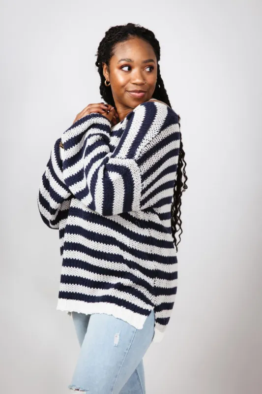 Miracle Striped V Neck Sweater for Women in Denim Combo | F183-DENIMCOMBO made by Miracle