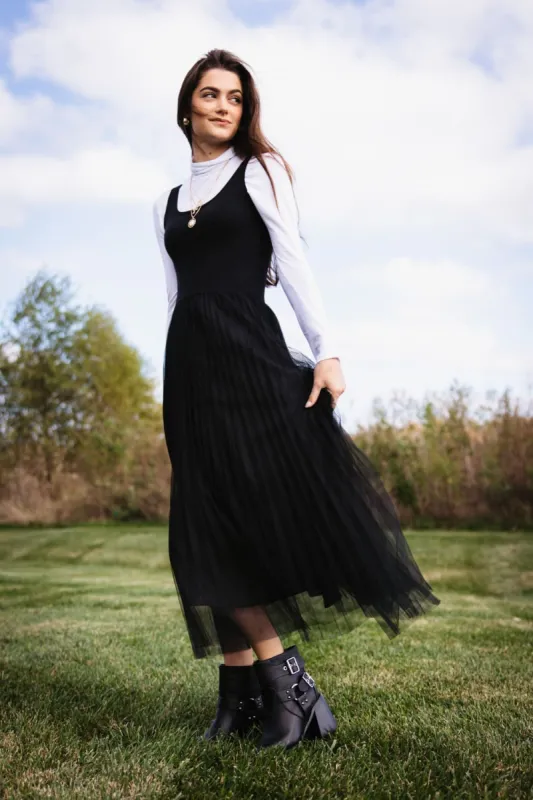 Elan Mixed Media Tulle Midi Dress for Women in Black | TUK50055-BLK sold by Glik’s