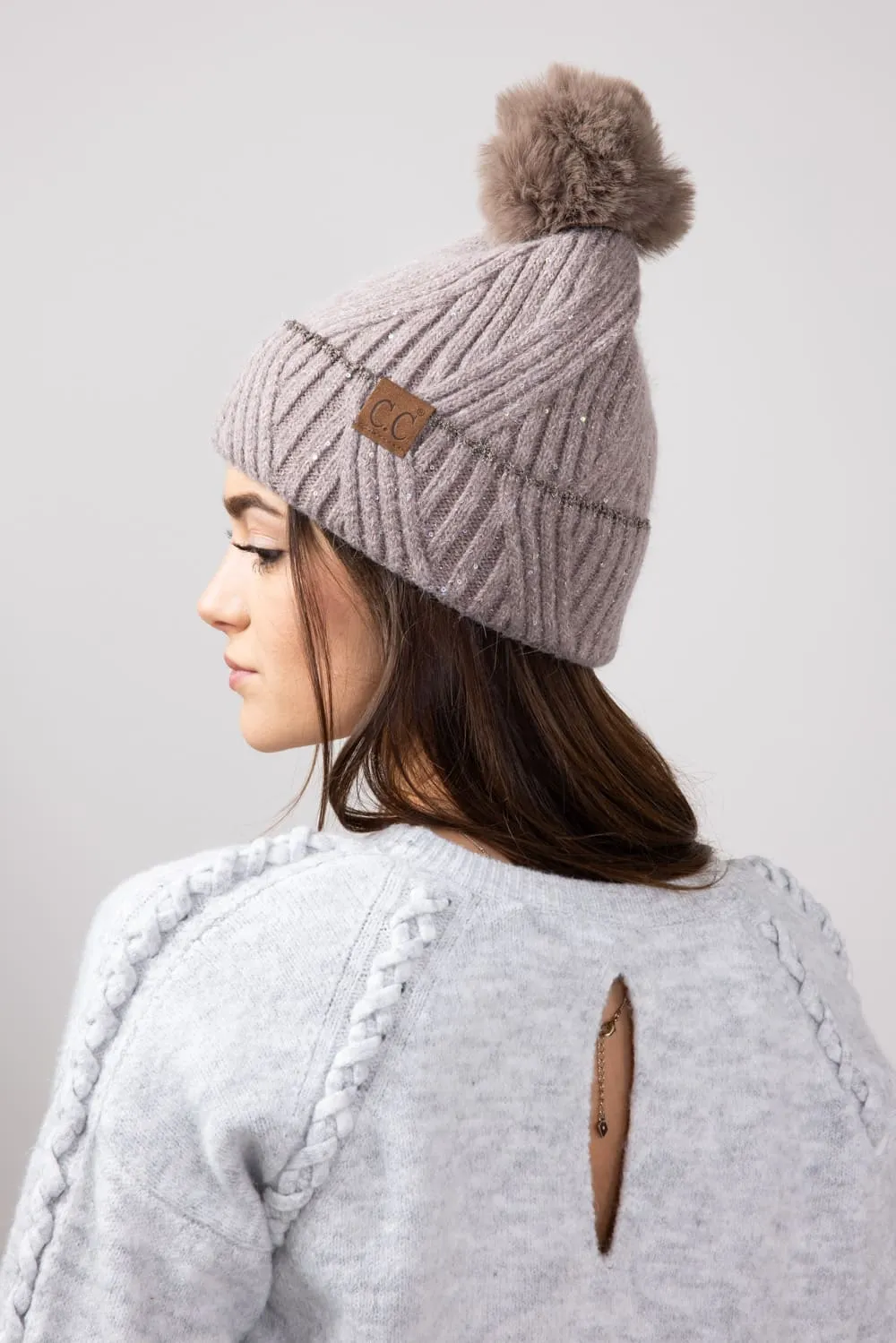 C.C. Sequin Pom-Pom Beanie for Women in Taupe | HTS0006-TPE sold by Glik’s product image thumbnail 2