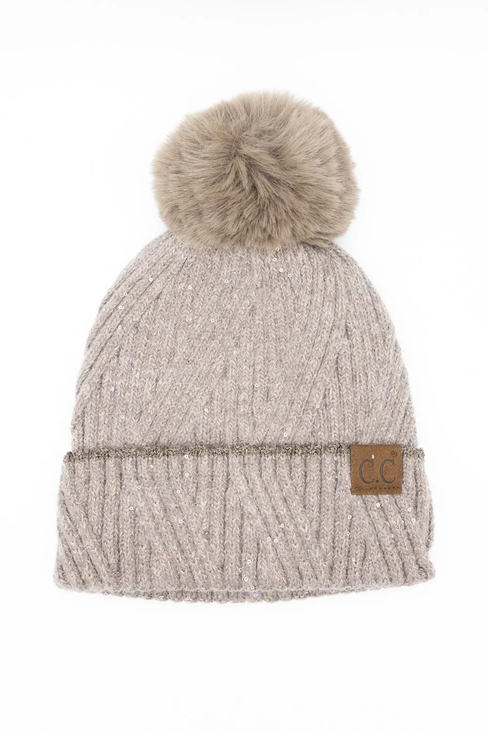 C.C. Sequin Pom-Pom Beanie for Women in Taupe | HTS0006-TPE sold by Glik’s