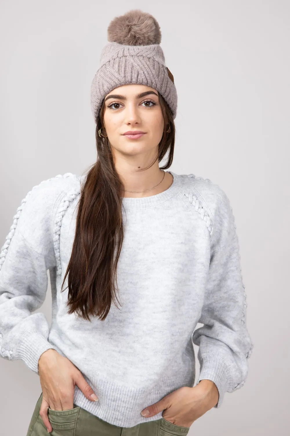 C.C. Sequin Pom-Pom Beanie for Women in Taupe | HTS0006-TPE sold by Glik’s product image thumbnail 3