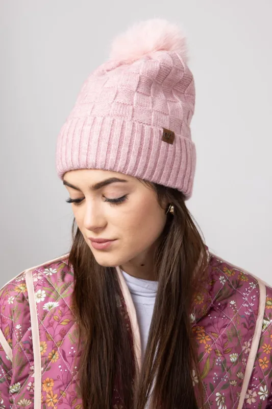 C.C. Checkered Knit Pom-Pom Beanie for Women in Rose | HTC0094-RSE sold by Glik’s