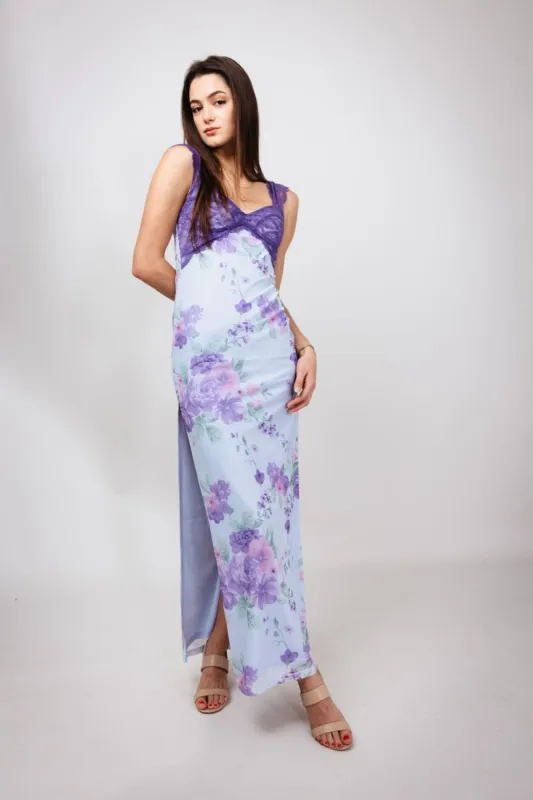 Mesh Floral Print Lace Detail Maxi Dress for Women in Light Blue | IBD30145-LTBLUE sold by Glik’s