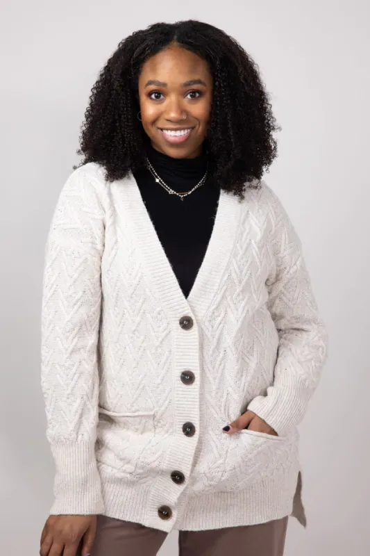 Button Front Cable Knit Cropped Cardigan for Women in Heather Oatmeal | LF2S43482-OAT sold by Glik’s