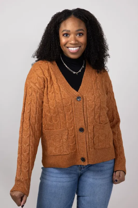 Button Front Cable Knit Cropped Cardigan for Women in Cinnamon Stick | LF2S43339-CIN sold by Glik’s
