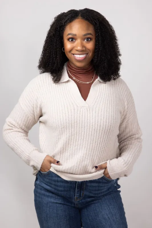 Johnny Collar Sweater for Women in Heather Oatmeal | LF2S25074-OAT sold by Glik’s