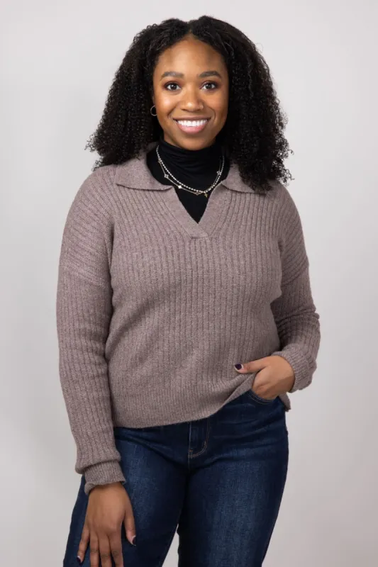 Johnny Collar Sweater for Women in Dark Taupe | LF2S25074-TPE sold by Glik’s