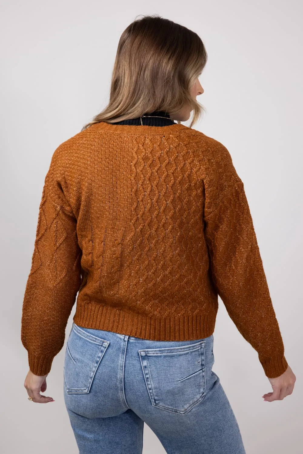 Button Front Cable Knit Cropped Cardigan for Women in Cinnamon | LF2S43466-CIN sold by Glik’s product image thumbnail 2