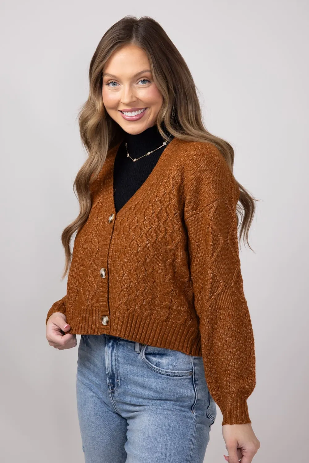Button Front Cable Knit Cropped Cardigan for Women in Cinnamon | LF2S43466-CIN sold by Glik’s product image thumbnail 3