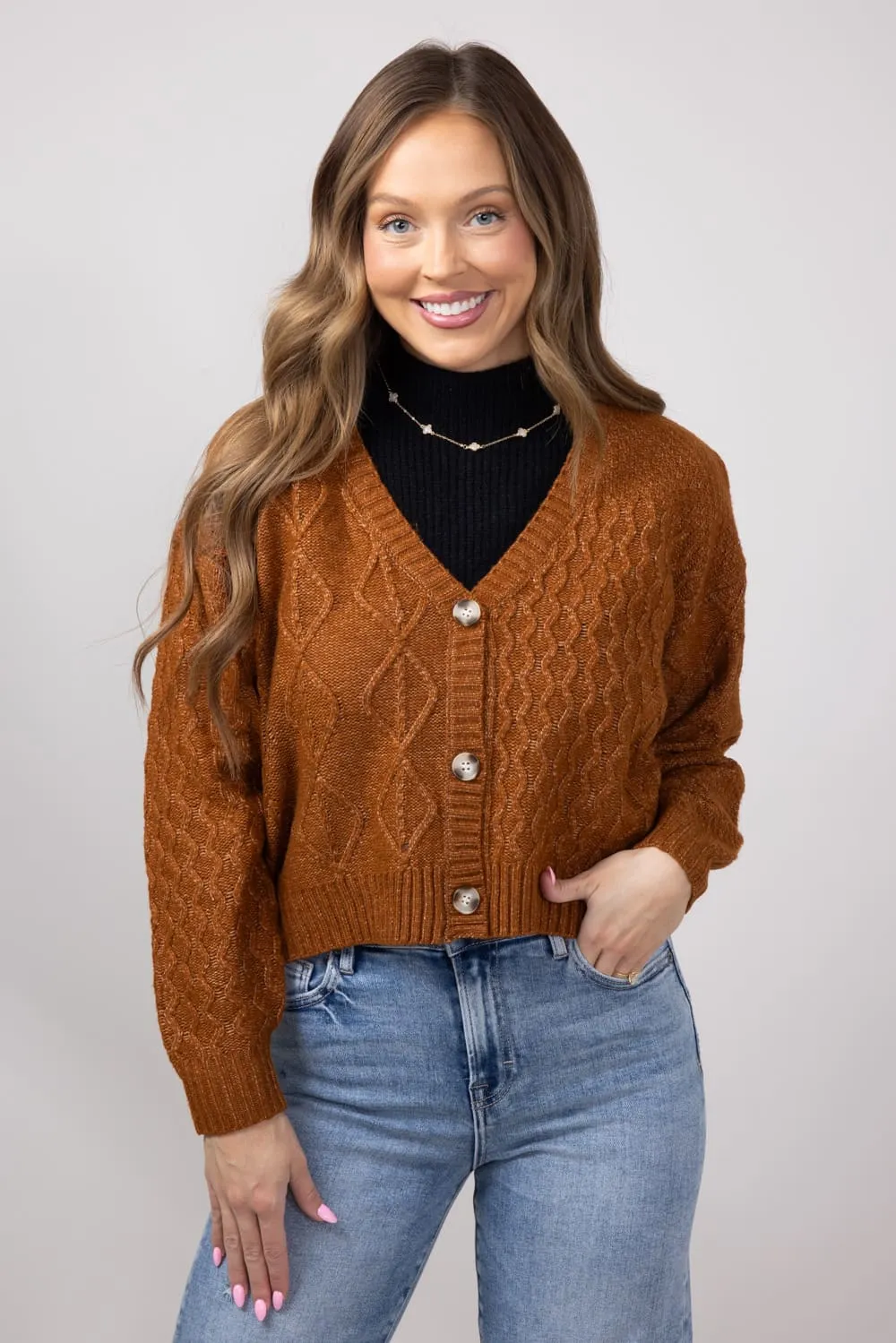 Button Front Cable Knit Cropped Cardigan for Women in Cinnamon | LF2S43466-CIN sold by Glik’s