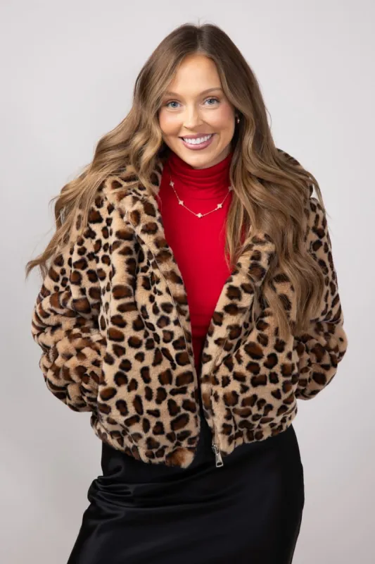 Fur Leopard Print Hooded Zip Up Jacket for Women in Animal Print | MAJ3053-LEOPARD sold by Glik’s