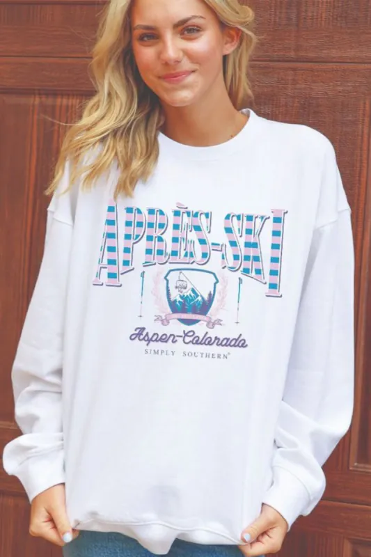 Simply Southern Après-Ski Fleece Sweatshirt for Women in White | CREW-APRES-WHITE sold by Glik’s