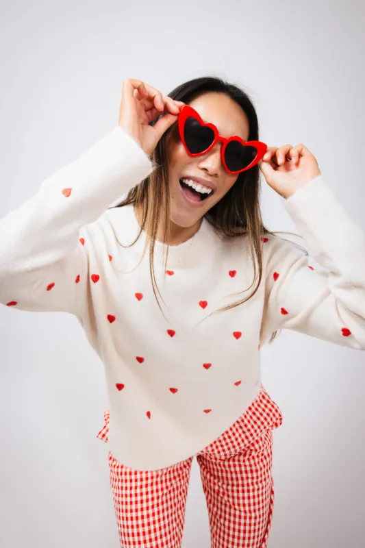 Embroidered Hearts Sweater for Women in Cream/Red | MAS2624-CRMRED sold by Glik’s