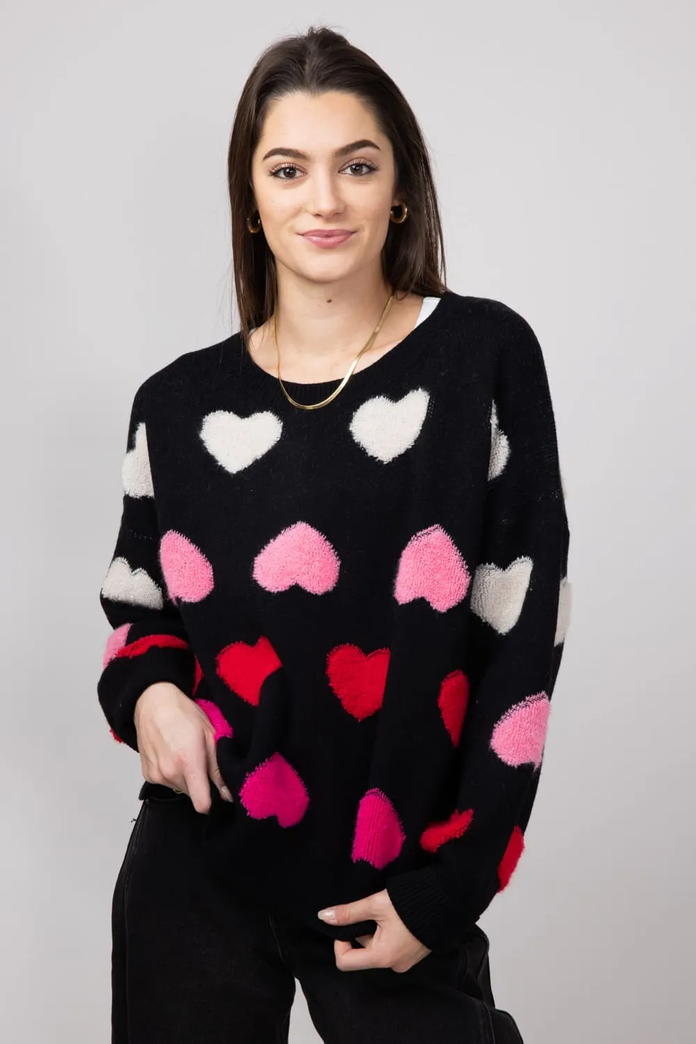 Miracle Multi Colored Hearts Sweater for Women in Black | W8378-BLACK sold by Glik’s