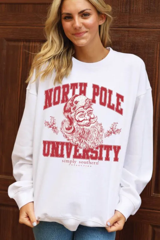 Simply Southern North Pole University Sweatshirt for Women in White | CREW-NORTHPOLE-WHITE sold by Glik’s