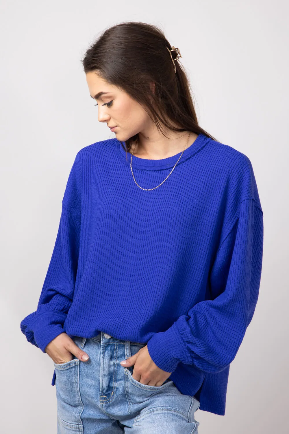 Blu Pepper Crewneck Ribbed Knit Shirt for Women in Cobalt | B2FT1043-COBALT sold by Glik’s product image thumbnail 3
