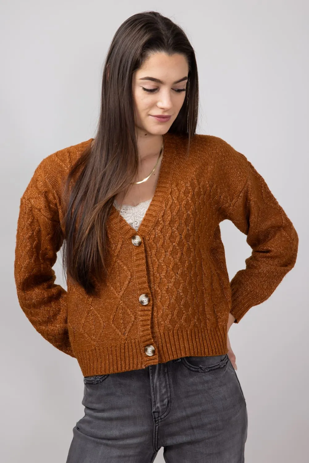 Mixed Pattern Button Front Cable Knit Cropped Cardigan for Women in Cinnamon | LF2S43466-CIN sold by Glik’s
