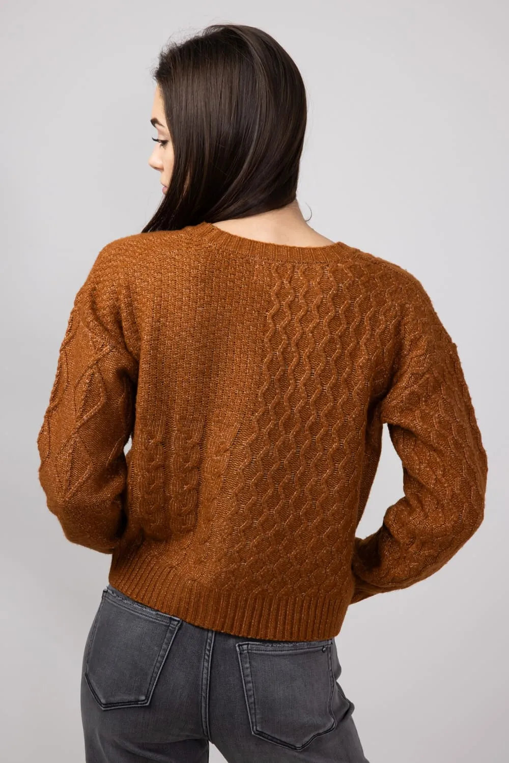 Mixed Pattern Button Front Cable Knit Cropped Cardigan for Women in Cinnamon | LF2S43466-CIN sold by Glik’s product image thumbnail 3