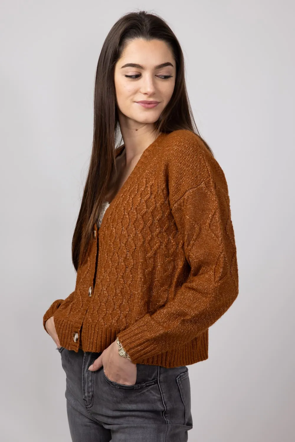 Mixed Pattern Button Front Cable Knit Cropped Cardigan for Women in Cinnamon | LF2S43466-CIN sold by Glik’s product image thumbnail 2