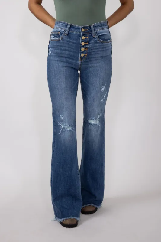 Judy Blue Mid Rise Medium Wash Flare Frayed Hem Distressed Jeans for Women | 82638REG sold by Glik’s