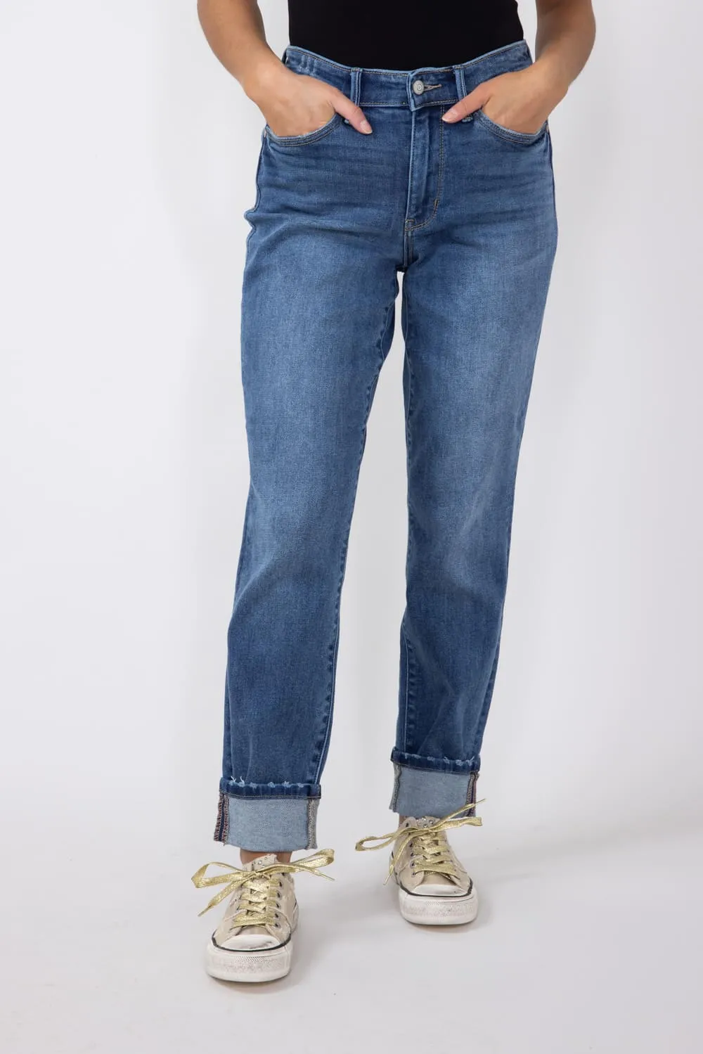 Judy Blue Mid-Rise Dark Wash Cuffed Boyfriend Jeans for Women | 82624REG sold by Glik’s