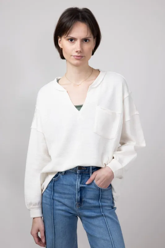 Blu Pepper Notched V-neck Knit Top for Women in Oatmeal | B3FT1034-OATMEAL sold by Glik’s