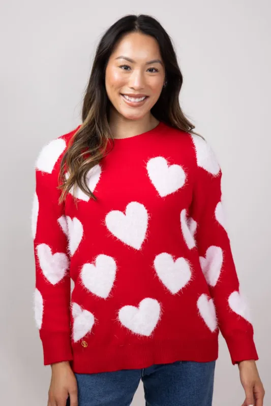Simply Southern Fuzzy Heart Sweater for Women in Red | PP-0224-SWTR-FZY-VALRED sold by Glik’s