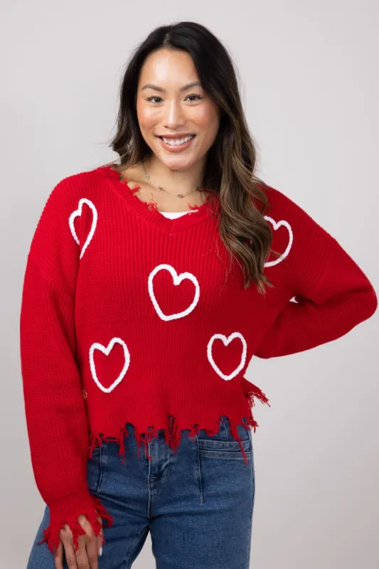 Simply Southern Heart Distressed V-Neck Sweater for Women in Red | PP-0224-SWTR-KNT-VNCK-VAL sold by Glik’s