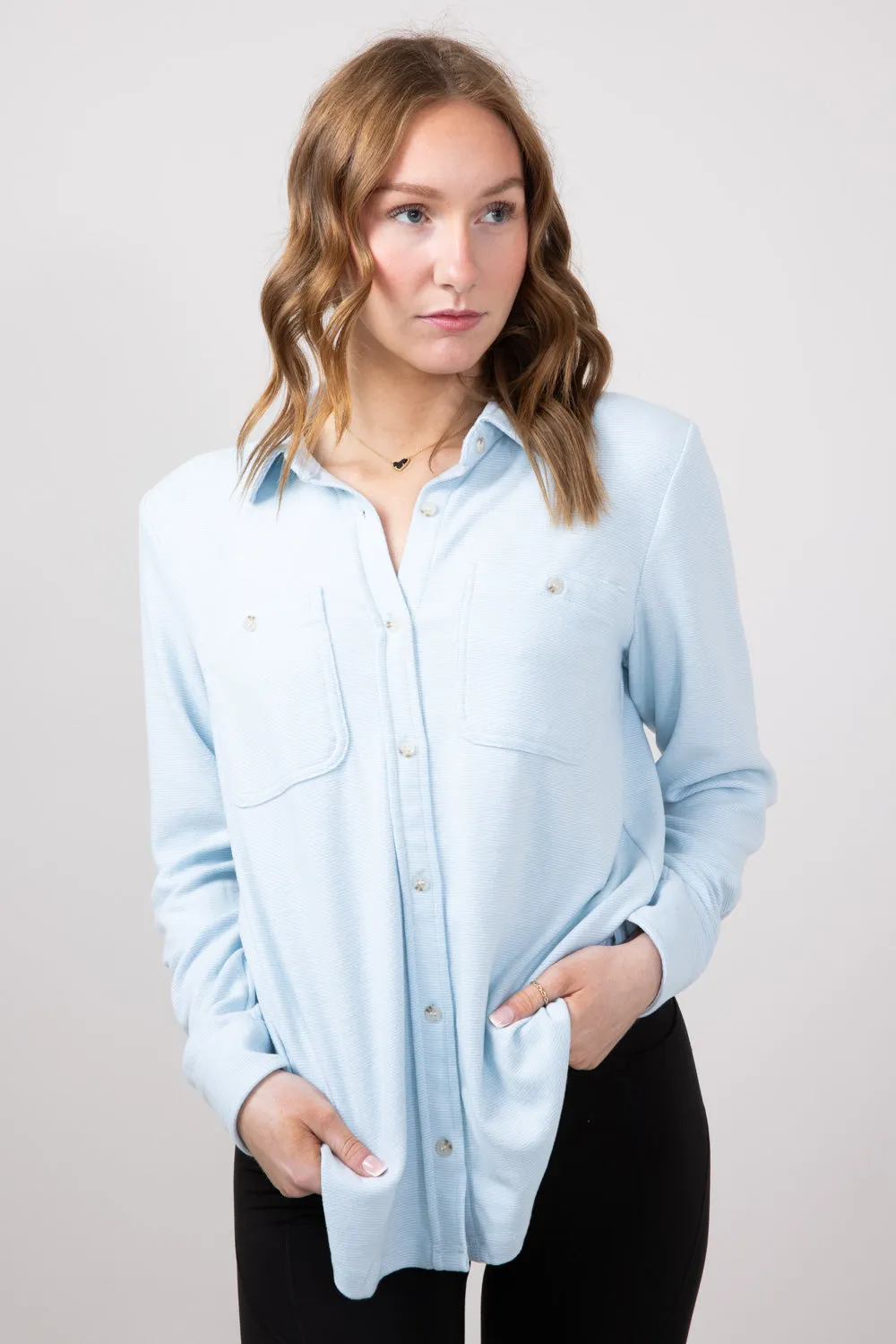 Thread & Supply Lewis Soft Luxe Button Up Shirt for Women in Glacier Lake | T1084PVXTS-GLACIERLAKE sold by Glik’s