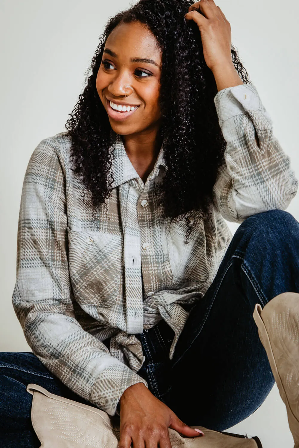 Thread & Supply Lewis Button Up Shirt for Women in White and Sage Plaid | T1084PVGK-WHT/SAGE sold by Glik’s