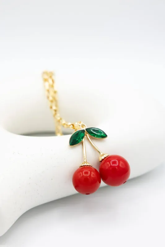 Red Cherry Charm Necklace in Gold | CH113 sold by Glik’s